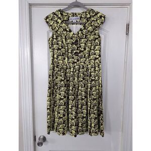 Beebop & Wally Dress women's size Large green brown rockabilly coffee cups 70s